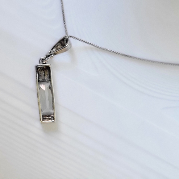 Sterling Silver 925 THAI Emerald Cut Cubic Zirconia Marcasites Necklace 18” - Picture 9 of 11